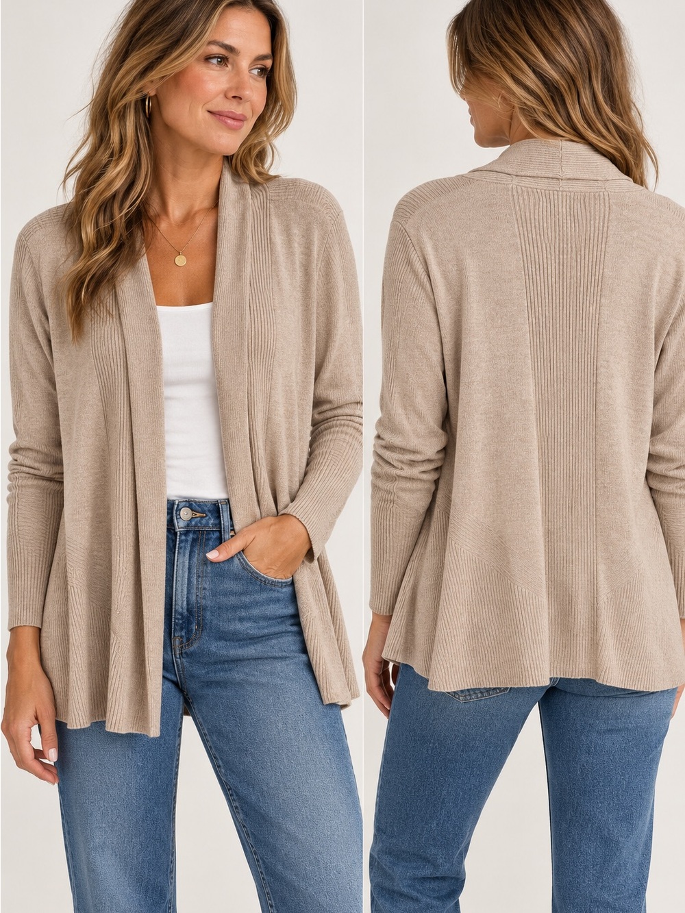 Kathy Ireland Beige Ribbed Knit Open Front Cardigan Sweater Size L